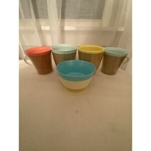 VTG Lot 4 MCM Mug Cup Plastic Clear Raffiaware Mint Yellow Mid Century Bonus